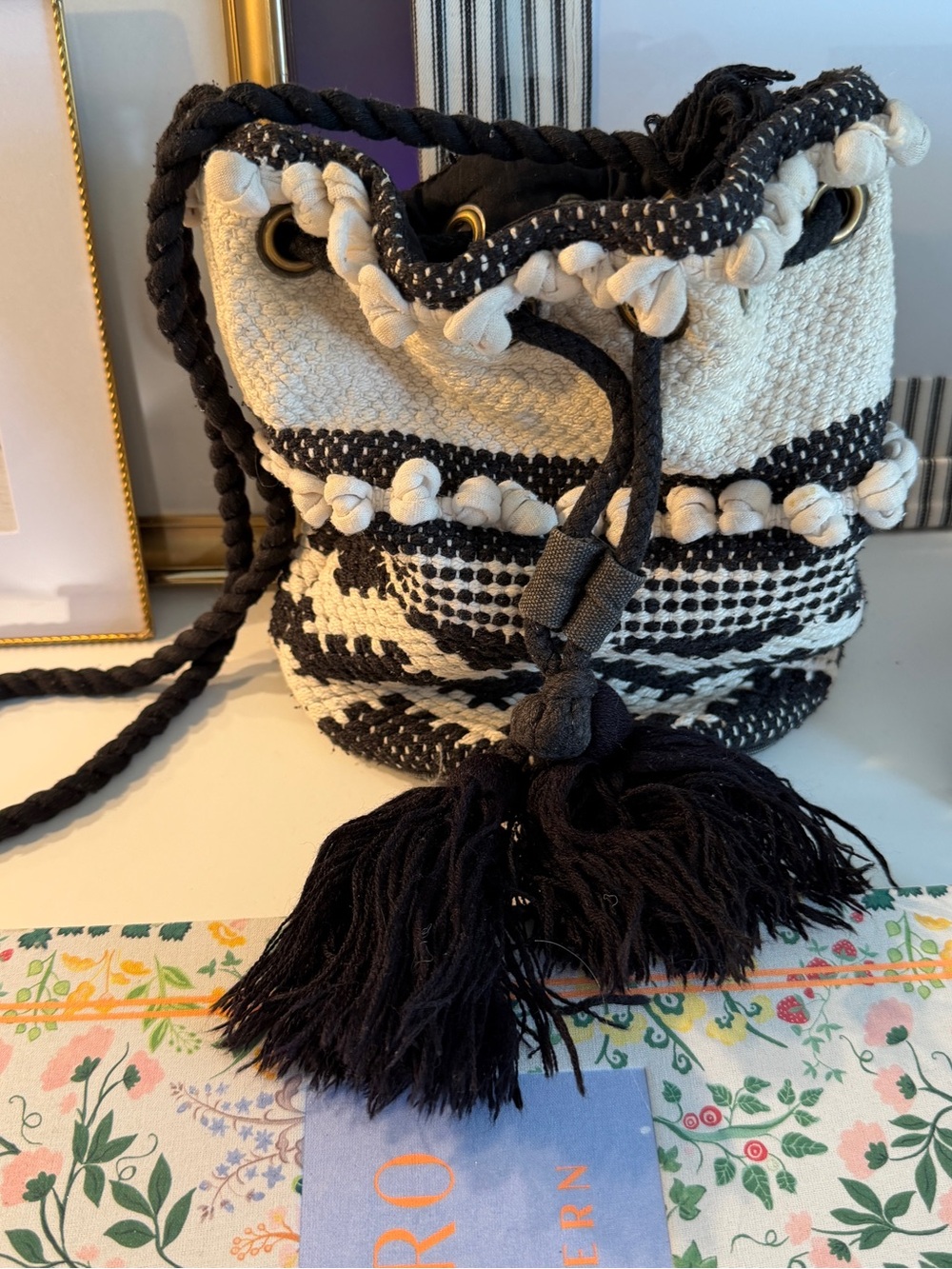 World Market Black & Cream Woven Drawstring Bucket Bag